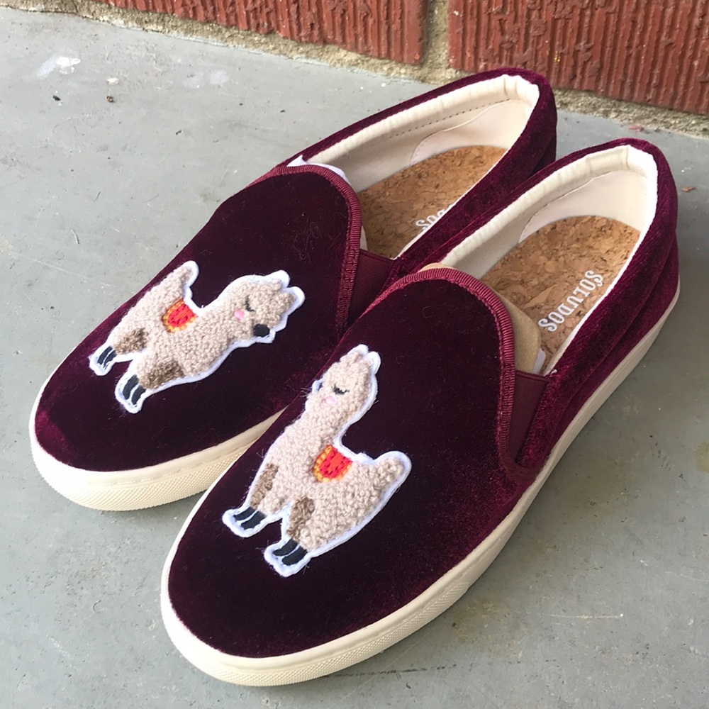 Saludos Velvet Burgundy Slip-On Shoes with Llama Design